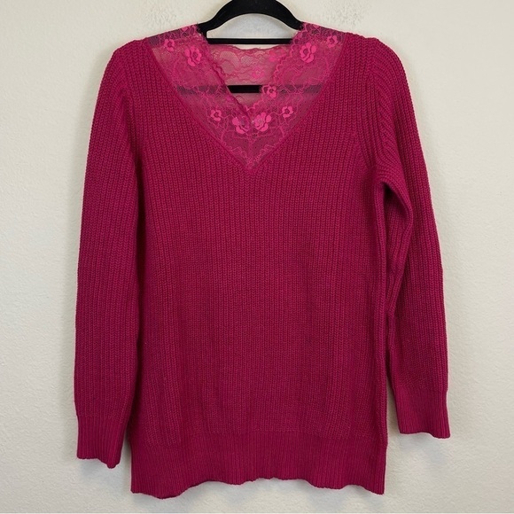 Sundance Magenta Pink V Neck Lace Trim Cotton Blend Pullover Sweater Small - Picture 2 of 9